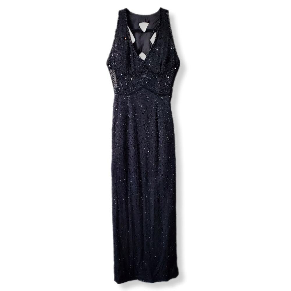 VTG SCALA 80s Black Beaded Silk Cocktail Dress S Prom Gala Party Casino Cruise